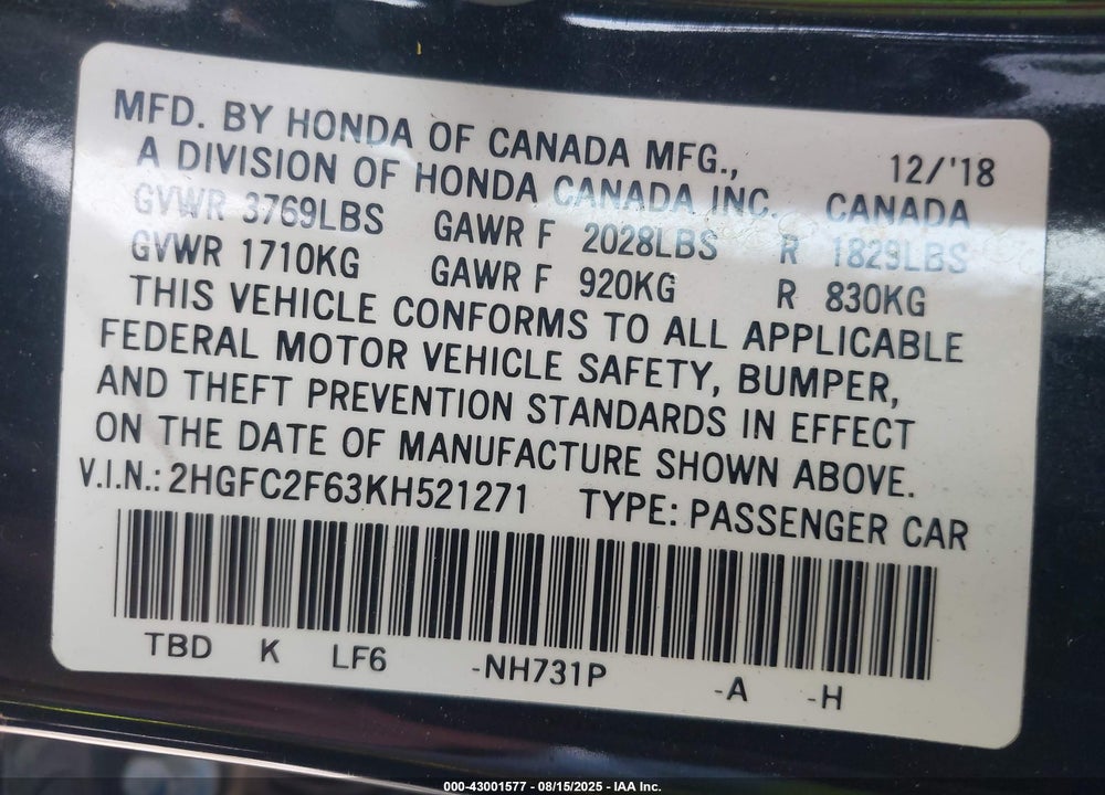 2019 HONDA CIVIC VIN: 2HGFC2F63KH521271