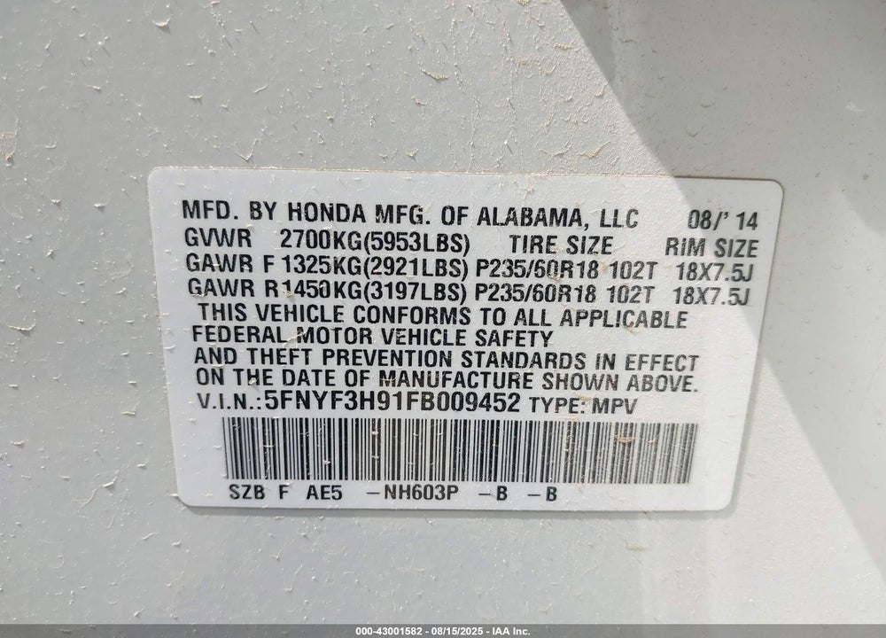 2015 HONDA PILOT VIN: 5FNYF3H91FB009452