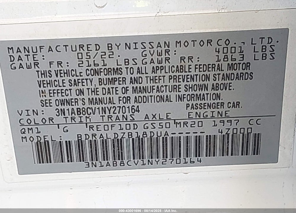 2022 NISSAN SENTRA VIN: 3N1AB8CV1NY270164