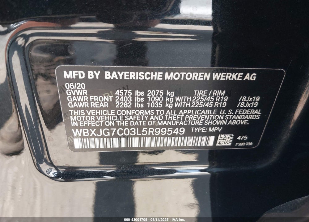2020 BMW X1 VIN: WBXJG7C03L5R99549