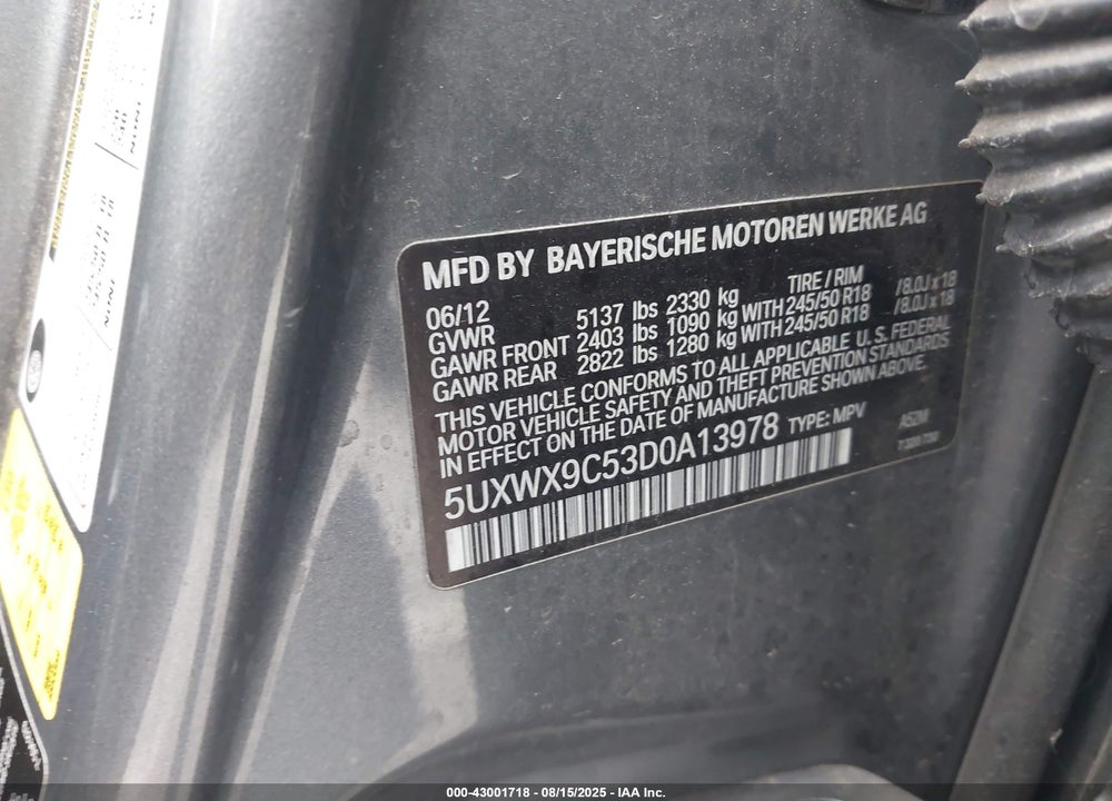2013 BMW X3 VIN: 5UXWX9C53D0A13978