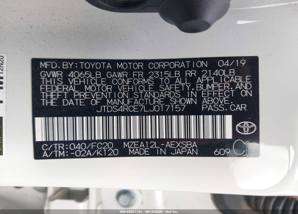 2020 TOYOTA COROLLA VIN: JTDS4RCE7LJ017157