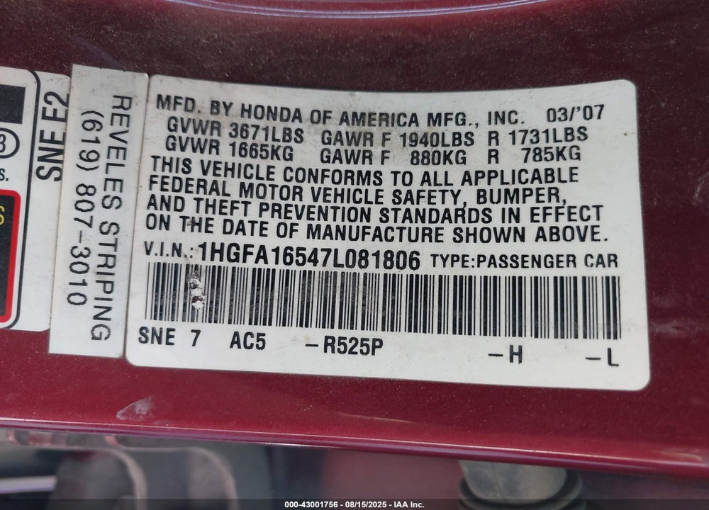 2007 HONDA CIVIC LX VIN: 1HGFA16547L081806