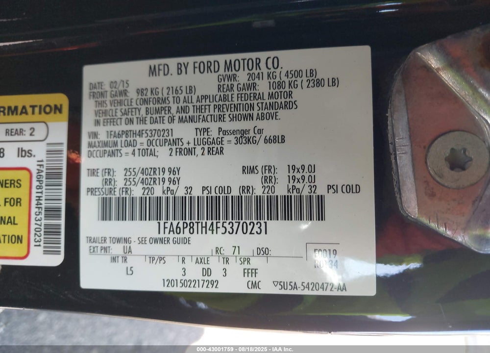 2015 FORD MUSTANG VIN: 1FA6P8TH4F5370231