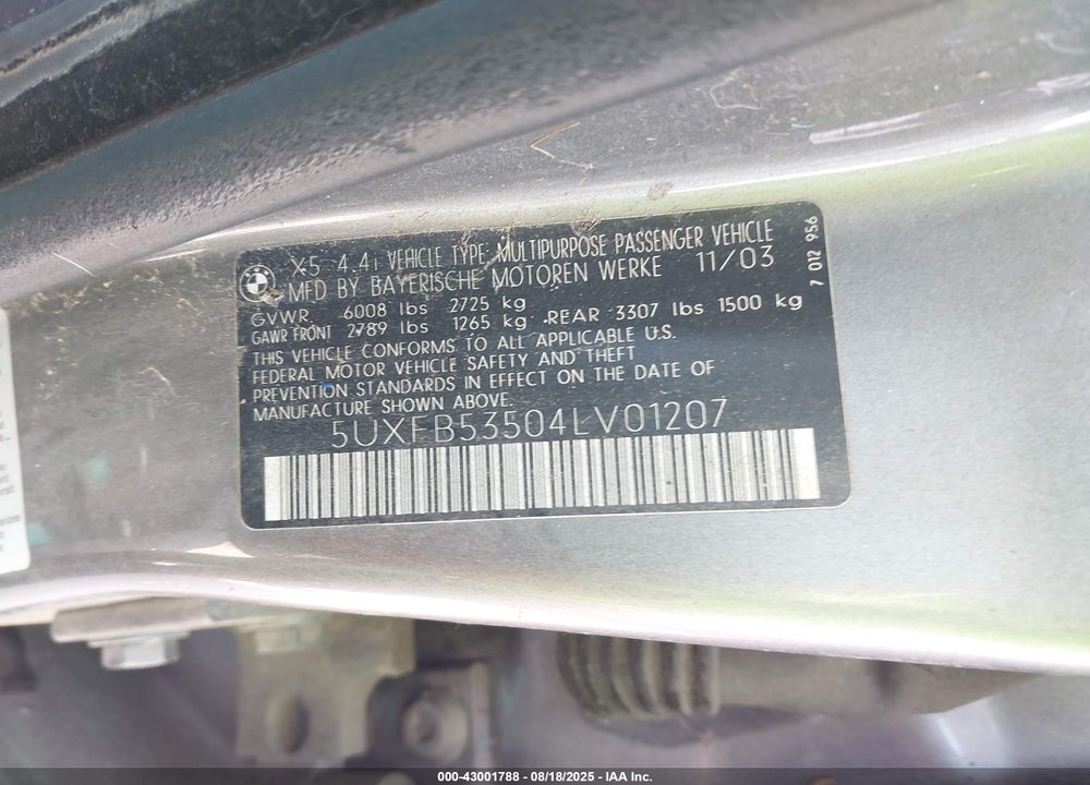 2004 BMW X5 4.4I VIN: 5UXFB53504LV01207