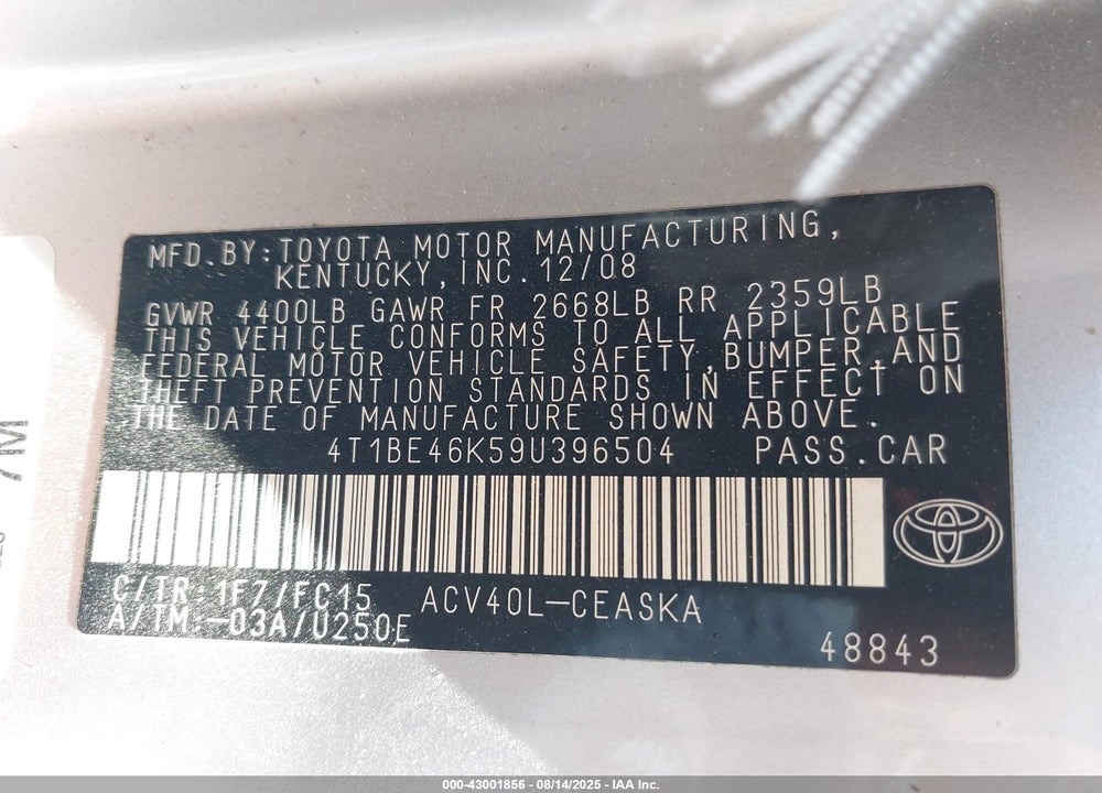 2009 TOYOTA CAMRY VIN: 4T1BE46K59U396504