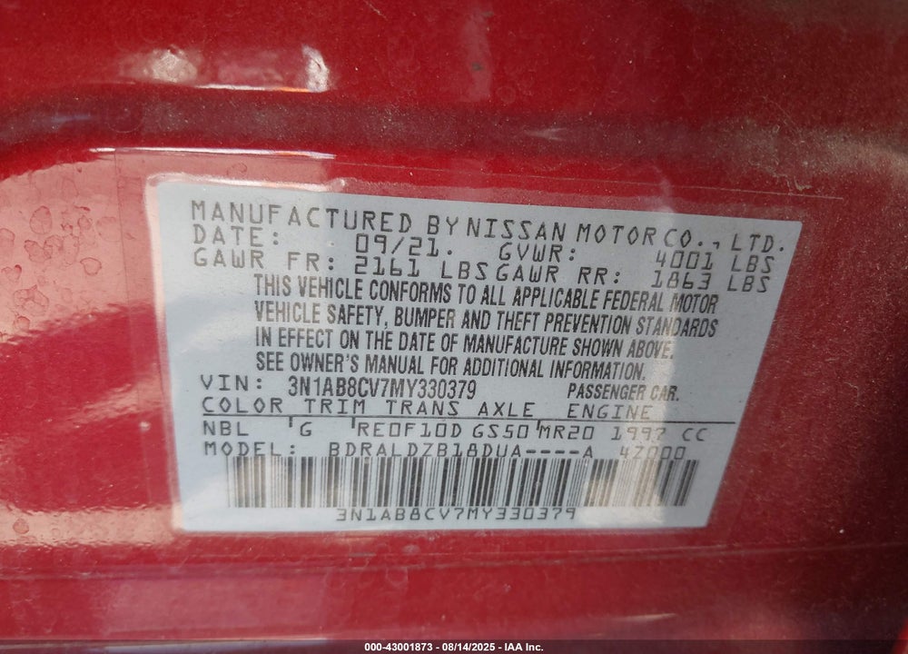 2021 NISSAN SENTRA VIN: 3N1AB8CV7MY330379