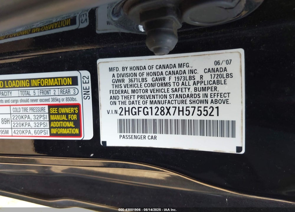 2007 HONDA CIVIC VIN: 2HGFG128X7H575521