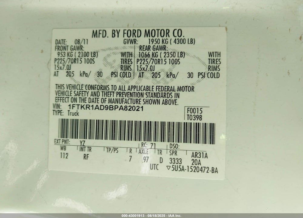 2011 FORD RANGER XL VIN: 1FTKR1AD9BPA82021