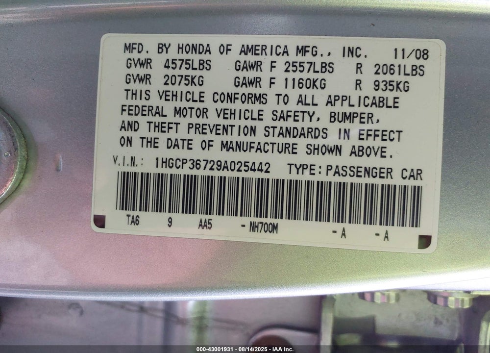 2009 HONDA ACCORD VIN: 1HGCP36729A025442