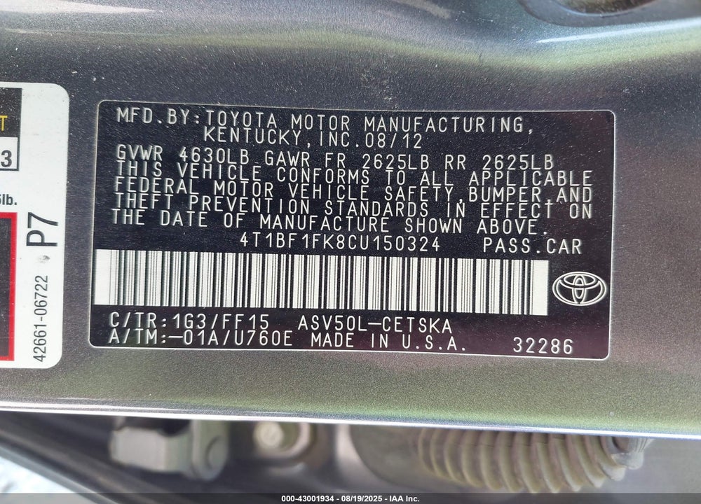 2012 TOYOTA CAMRY VIN: 4T1BF1FK8CU150324