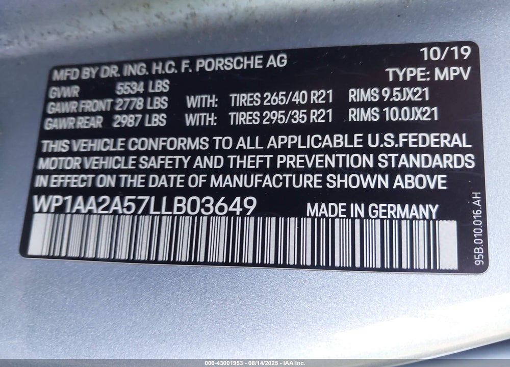 2020 PORSCHE MACAN VIN: WP1AA2A57LLB03649