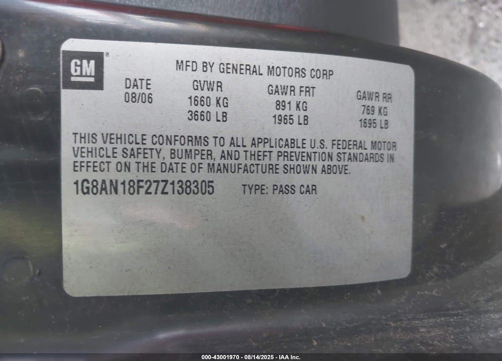 2007 SATURN ION VIN: 1G8AN18F27Z138305