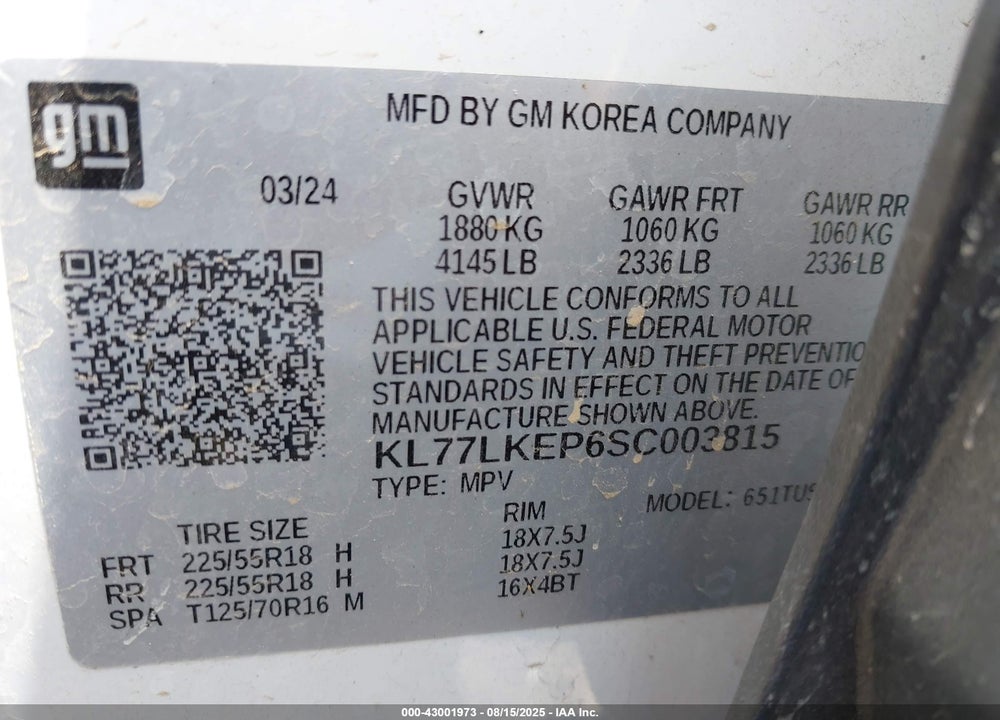 2025 CHEVROLET TRAX FWD ACTIV VIN: KL77LKEP6SC003815