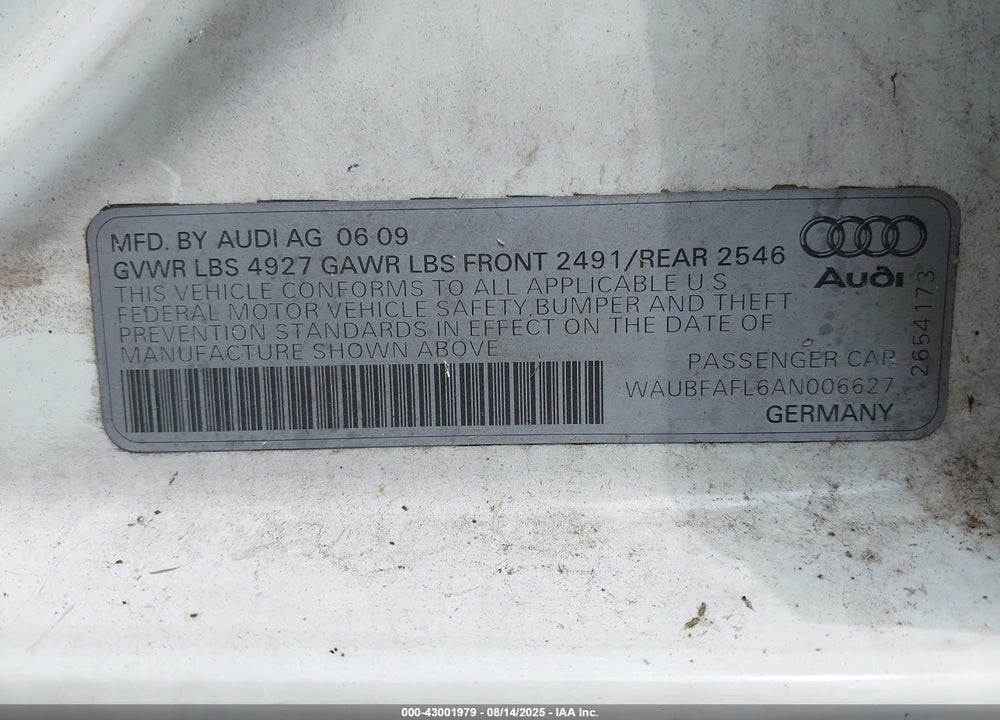 2010 AUDI A4 VIN: WAUBFAFL6AN006627