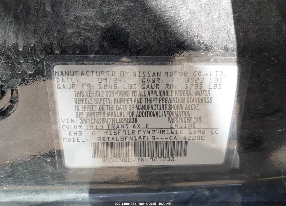 2024 NISSAN VERSA VIN: 3N1CN8BV7RL929238