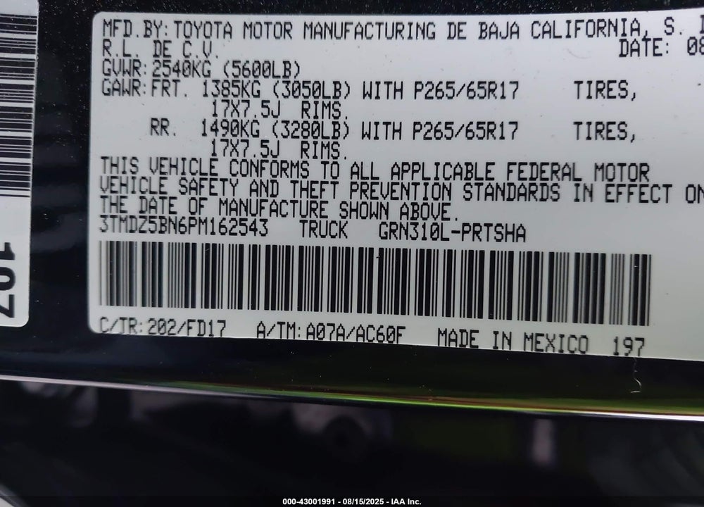 2023 TOYOTA TACOMA VIN: 3TMDZ5BN6PM162543