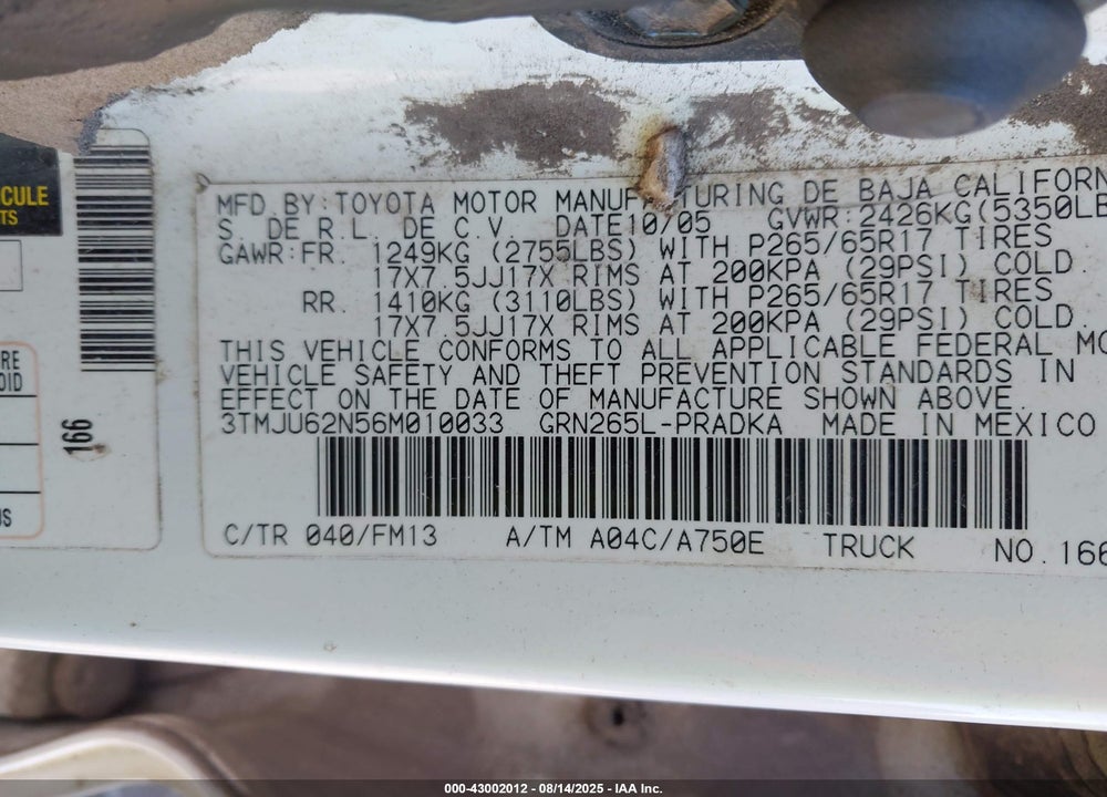 2006 TOYOTA TACOMA VIN: 3TMJU62N56M010033