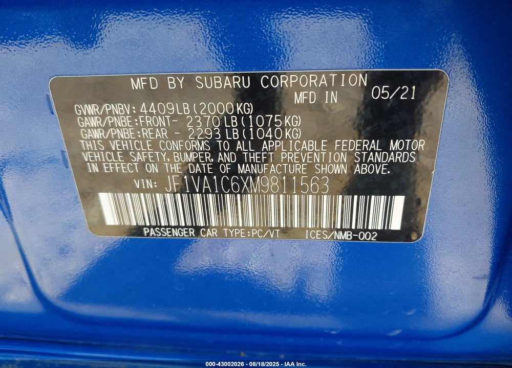 2021 SUBARU WRX VIN: JF1VA1C6XM9811563