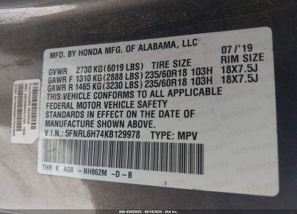 2019 HONDA ODYSSEY EX-L VIN: 5FNRL6H74KB129978