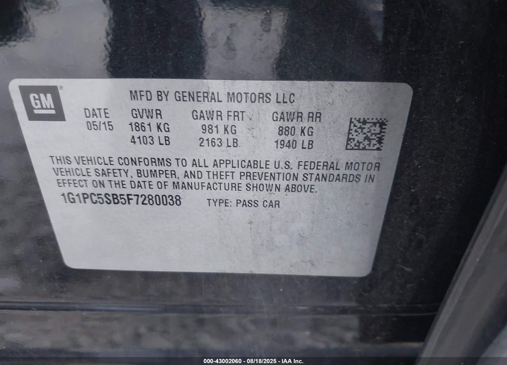 2015 CHEVROLET CRUZE 1LT AUTO VIN: 1G1PC5SB5F7280038