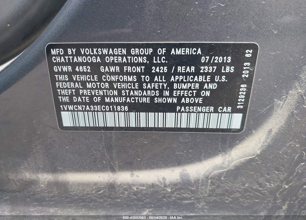 2014 VOLKSWAGEN PASSAT VIN: 1VWCN7A33EC011836