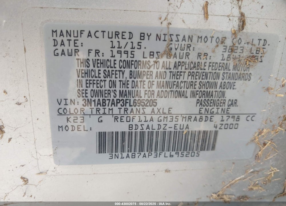2015 NISSAN SENTRA VIN: 3N1AB7AP3FL695205