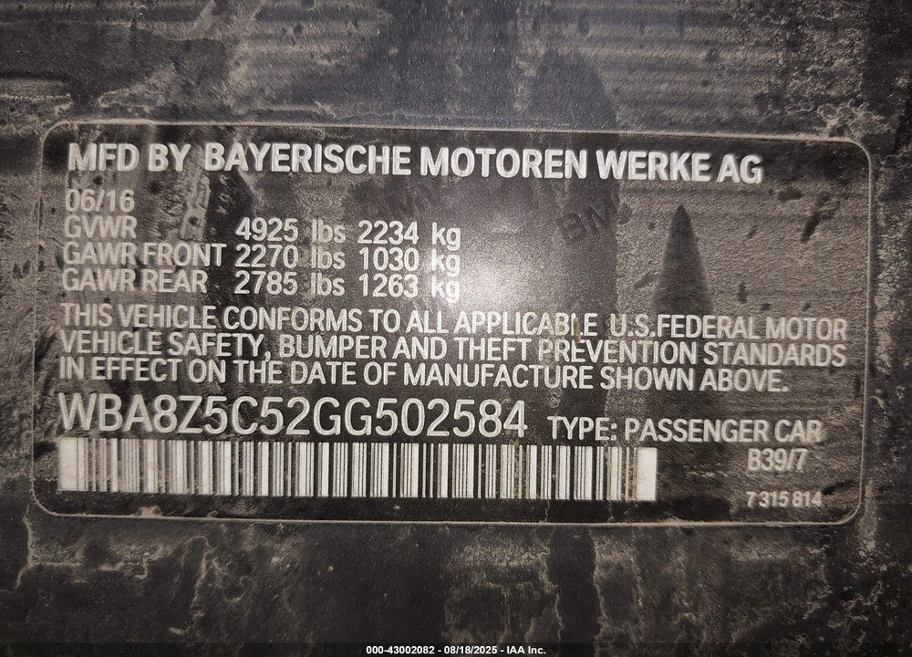 2016 BMW 3 SERIES VIN: WBA8Z5C52GG502584