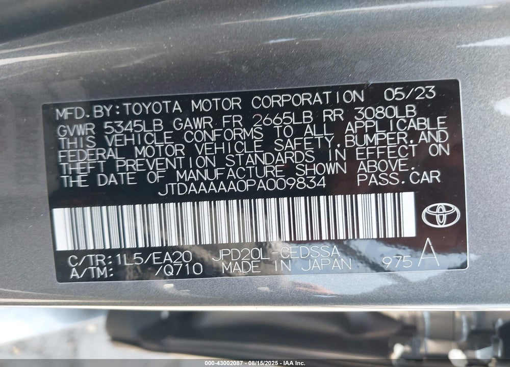 2023 TOYOTA MIRAI VIN: JTDAAAAA0PA009834