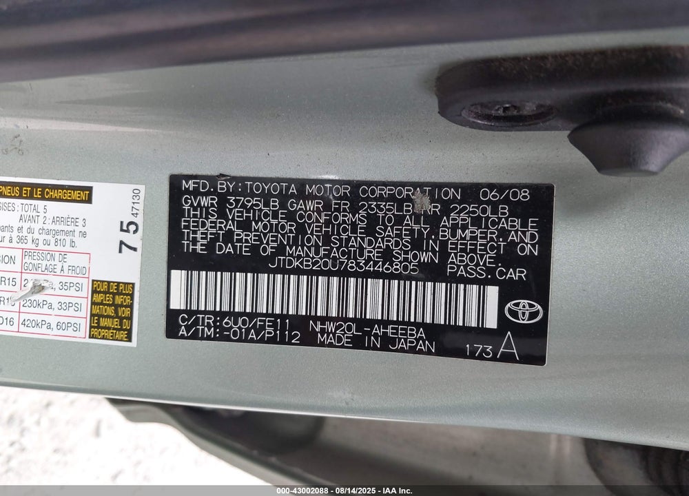 2008 TOYOTA PRIUS VIN: JTDKB20U783446805