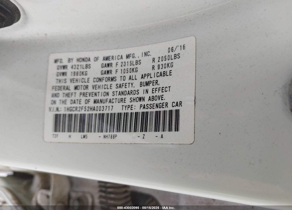 2017 HONDA ACCORD SPORT VIN: 1HGCR2F52HA003717