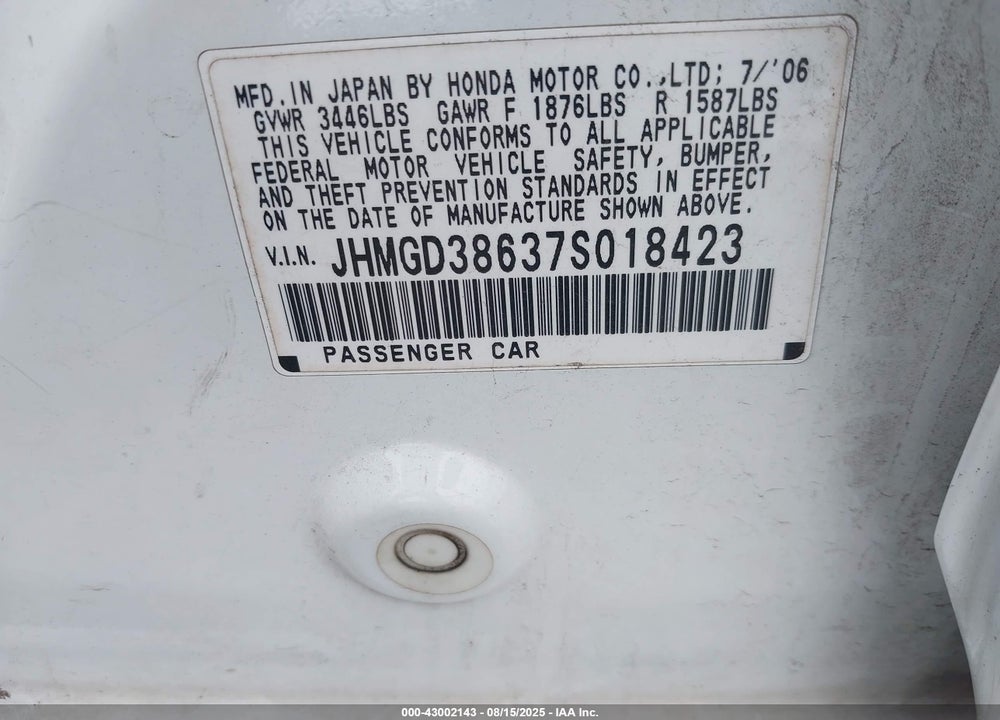 2007 HONDA FIT VIN: JHMGD38637S018423