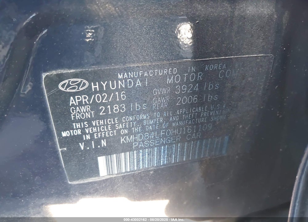 2017 HYUNDAI ELANTRA VIN: KMHD84LF0HU161109