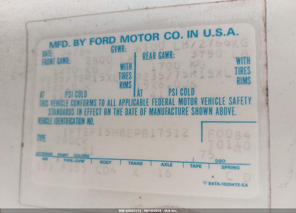 1984 FORD F150 VIN: 1FTEF15H8EPB17512