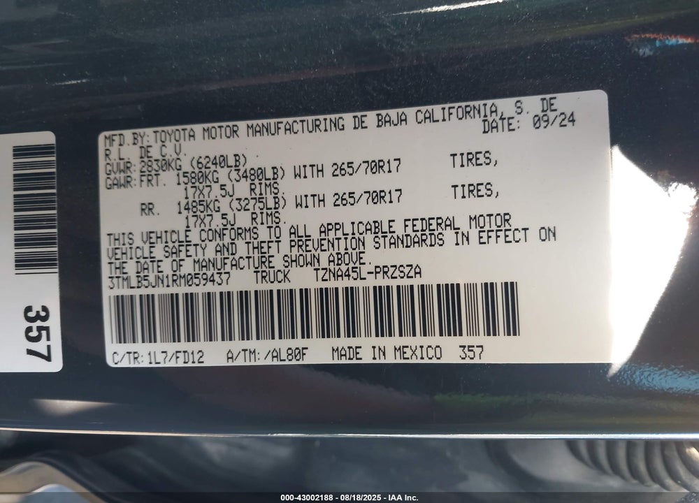 2024 TOYOTA TACOMA VIN: 3TMLB5JN1RM059437