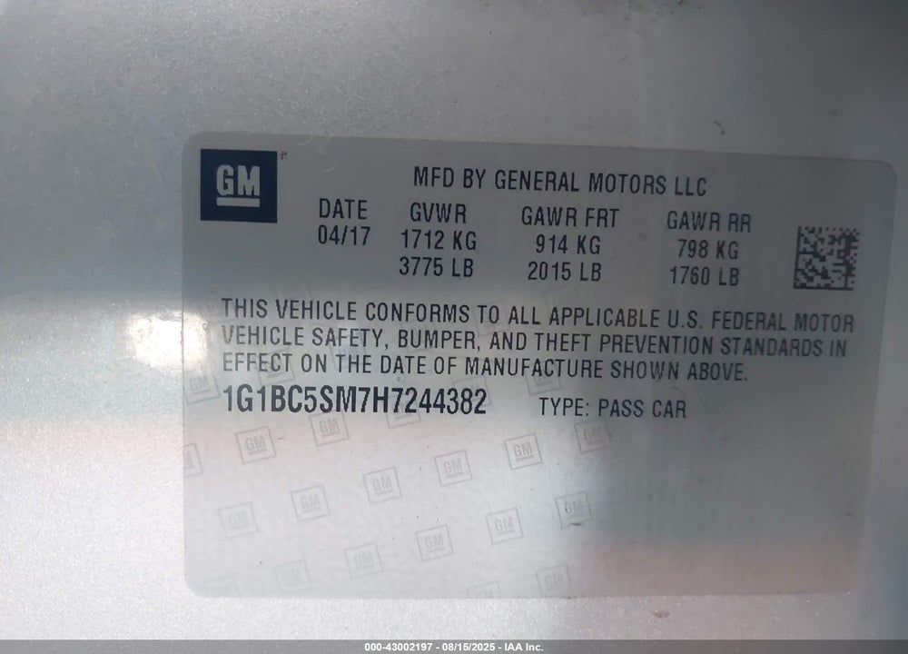 2017 CHEVROLET CRUZE VIN: 1G1BC5SM7H7244382