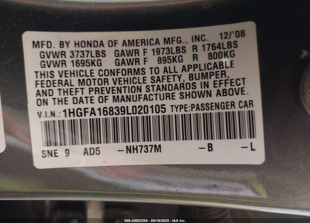 2009 HONDA CIVIC VIN: 1HGFA16839L020105