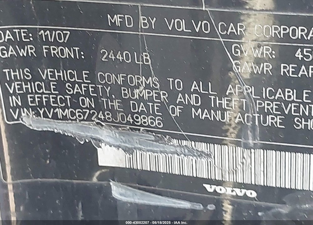 2008 VOLVO C70 VIN: YV1MC67248J049866
