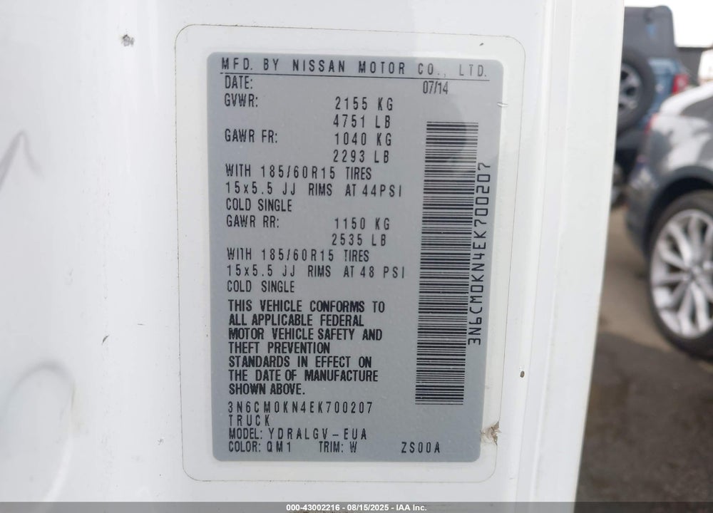 2014 NISSAN NV200 SV VIN: 3N6CM0KN4EK700207