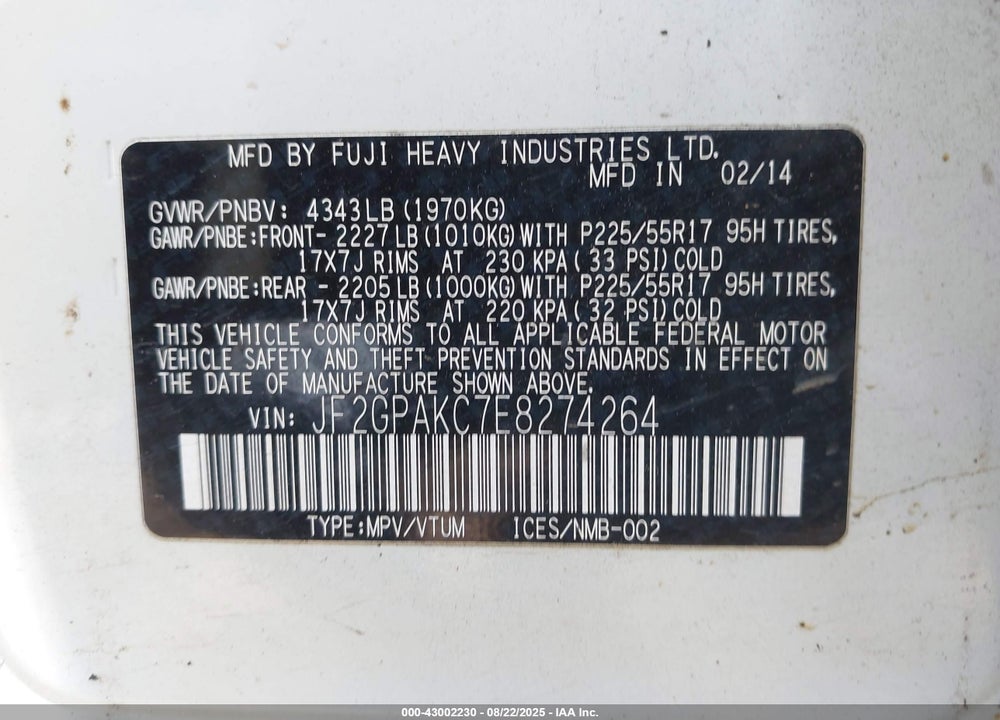 2014 SUBARU XV CROSSTREK VIN: JF2GPAKC7E8274264