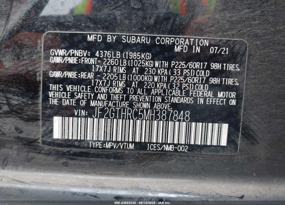 2021 SUBARU CROSSTREK VIN: JF2GTHRC5MH387848