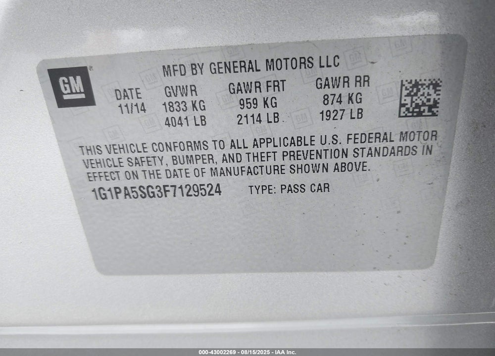 2015 CHEVROLET CRUZE VIN: 1G1PA5SG3F7129524