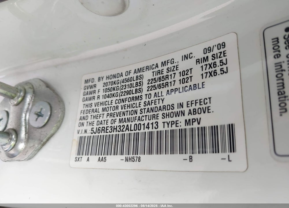 2010 HONDA CR-V VIN: 5J6RE3H32AL001413