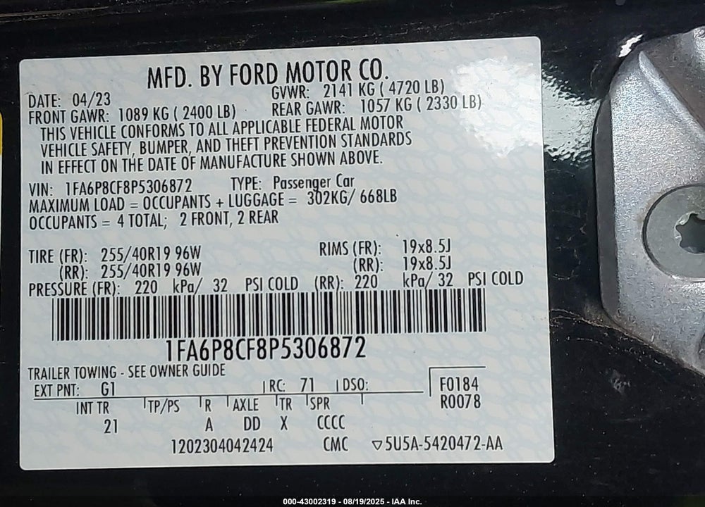 2023 FORD MUSTANG GT FASTBACK VIN: 1FA6P8CF8P5306872