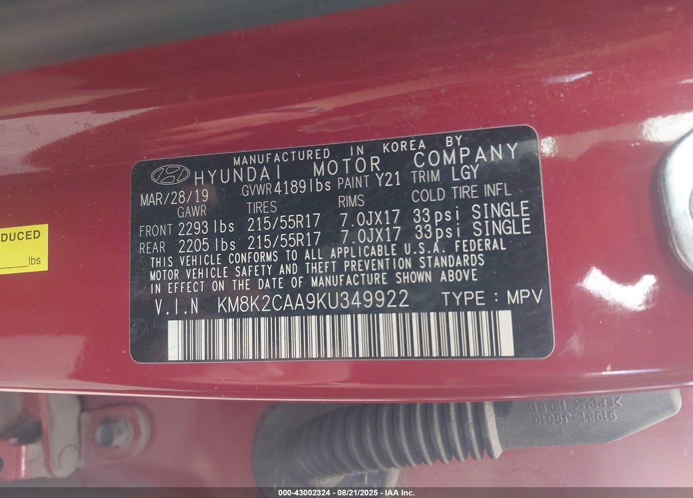 2019 HYUNDAI KONA SEL VIN: KM8K2CAA9KU349922