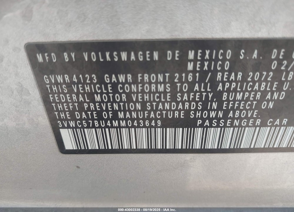 2021 VOLKSWAGEN JETTA VIN: 3VWC57BU4MM043649