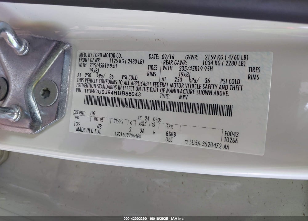 2017 FORD ESCAPE TITANIUM VIN: 1FMCU0J94HUB86043