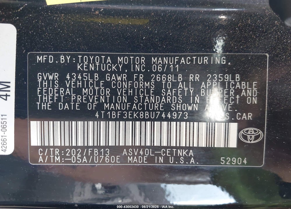2011 TOYOTA CAMRY VIN: 4T1BF3EK8BU744973