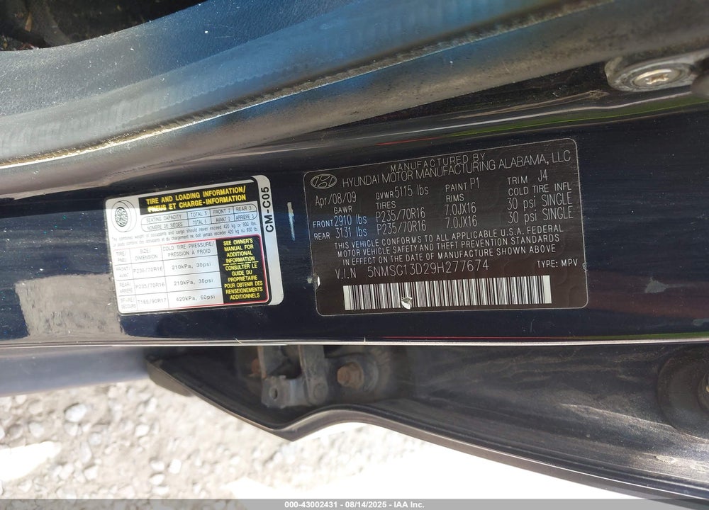 2009 HYUNDAI SANTA FE VIN: 5NMSG13D29H277674