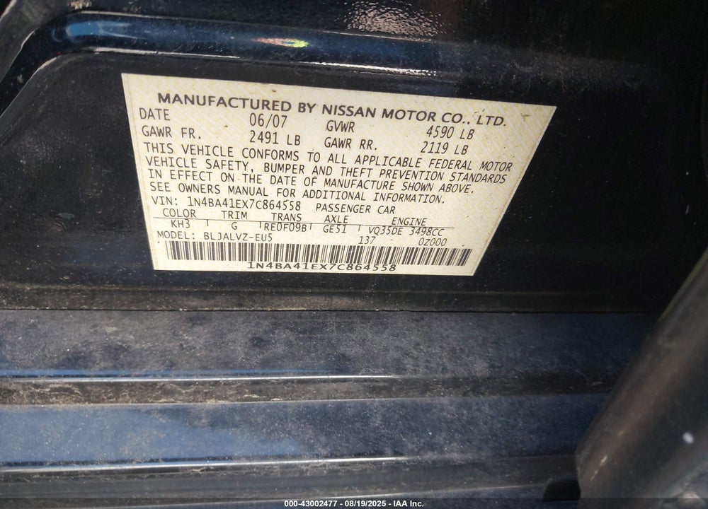 2007 NISSAN MAXIMA 3.5 SE VIN: 1N4BA41EX7C864558